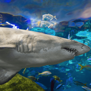 Point of view looks up at a swimming shark