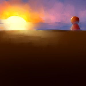 semi-abstract of girl sitting on a beach at sunset, acrylic on canvas texture