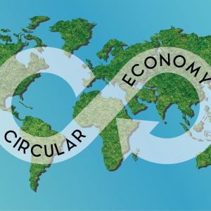 words circular economy in arrow in shape of dollar sign over green map of continents