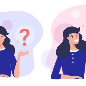 Graphic with a woman on the left against a blue background with a floating question mark, and the same woman shown again on the right against a pink background with a floating light bulb