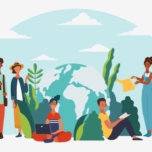 Illustration of people gathered around a globe