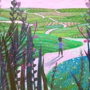 Illustration of a small boy on a path surrounded by low green mounds.