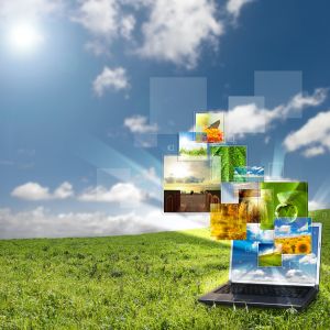 laptop sitting in grass, images of nature coming out of screen