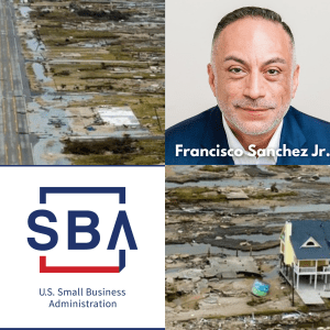 2 by 2 grid of photos. Starting the from the top right, going clockwise, a photo of a flooded road, a profile phoo of a person, a photo of a flooded residence, and the SBA logo