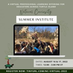 Green background with an open laptop graphic displaying a photo of a crowd outside under trees