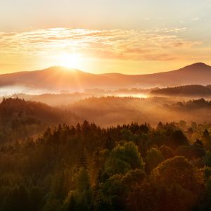 Beautiful autumn morning on the view point above the deep forest valley in national park Bohemian Switzerland. 