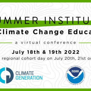 Light grey graphic bordered by a solid green line. Black text in the middle and also in post. Climate Generation and NOAA logos at the bottom.