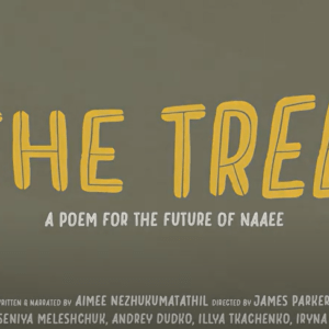 Illustration of yellow and light brown-green text that reads: "The Tree: A Poem for the Future of NAAEE"