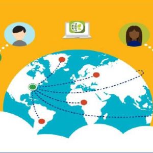 illustration of earth with people in bubbles over clouds representing networking