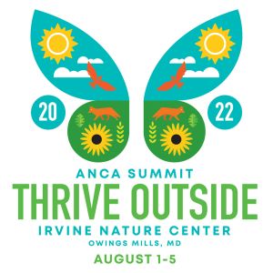 An icon of a butterfly with nature scenery within. Text: ANCA Summit, Thrive Outside | Irvine Nature Center | Owings Mills, MD | August 1-5