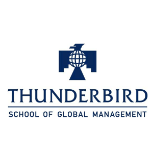 Blue logo of a bird with a globe instead of a chest and text below it that says, "Thunderbird: School of Global Management"