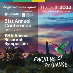 Desert landscape at sunset with white text and hummingbird graphic in the foreground