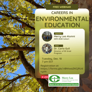 Text reads "Free Webinar, Careers in Environmental Education" on top of a green rectangle, background features a tree's branches and leaves