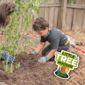 A young child kneeling on the ground, scooping dirt into a mound with a growing tree nearby