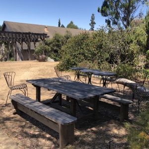 Patio with benches, tables and chairs. In the background a building. Location: UC-Santa Cruz Arboretum