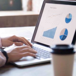 Person working on laptop featuring data visualizations.