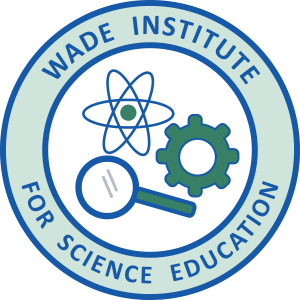 A circle bordered by a bold blue line with arched text that says "Wade Institute For Science Education" and in the inner concentric circle is a white background with three pictorial icons of a cell, a magnifying glass, and a gear