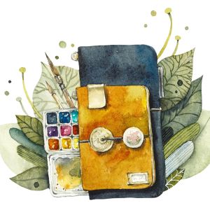 Watercolor of nature journals, leaves, paint set, and brush.
