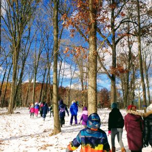 A group of nearly 20 children, bundled up in winter attire, walk into a snowy landscape with sparse trees. In the background, a dense forest in winter, and blue sky with light clouds above.