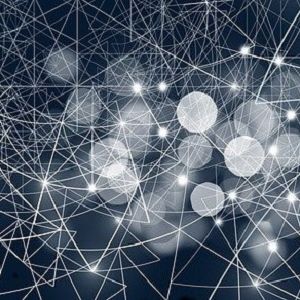 An abstract image of a network with white circles in bokeh style against a dark blue background