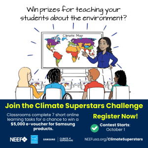 White background with an illustration of four students facing a teacher who is pointing at a world map