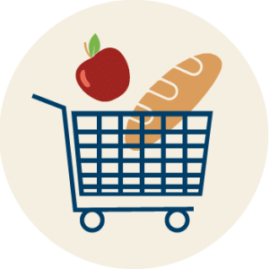 Illustration of a circle and inside, a shopping cart, an apple and a baguette.