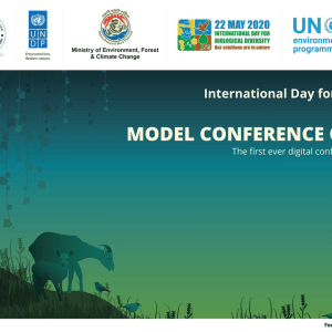 Model Conference of Parties poster with logos, info,  and illustration of animals on blue green background