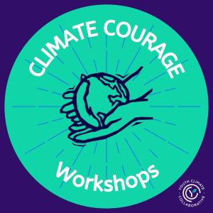 Purple and Green logo with the text: Climate Courage Workshops