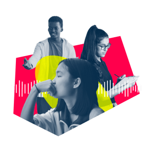 Image shows three youth speaking, writing on a clipboard, and thinking. Youth are interspersed with colorful shapes and a depiction of a sound wave.  