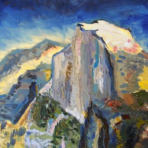 An oil painting of a large granite mountain peak