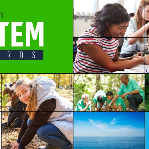 Pratt & Whitney E-STEM Awards logo on green box, Pratt & Whitney logo on blue box, NAAEE logo on white box, mix of photos of students working on STEM projects in classroom and outdoors