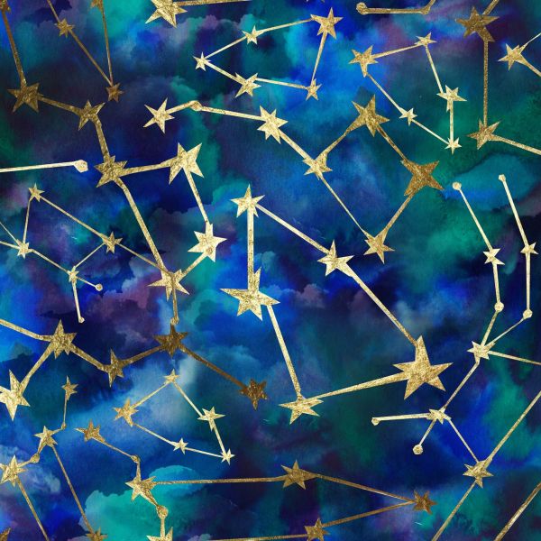An abstract illustration of a blue and green sky filled with golden starry constellations.