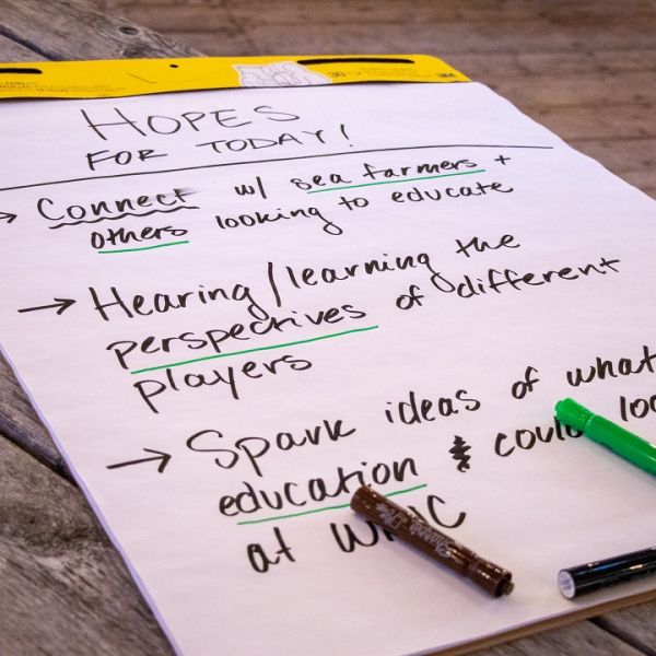 A large paper flip chart with markers and a writing prompt that reads “Hopes for Today.” Photo credit: Kathy Tenga-Gonzalez, Maine Sea Grant