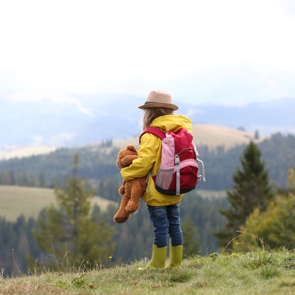A young child wearing a red backpack and holding a stuffed toy bear, stands on a ridge and looks out at some hills on a foggy day