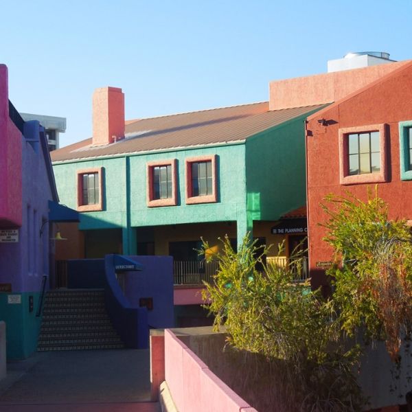 Colorful exterior building walls on a sunny day