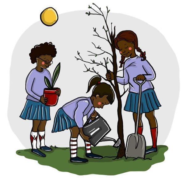 Illustration of three young Black girls planting a tree