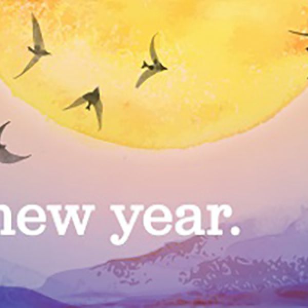 watercolor of birds flying by sun, "Welcoming a new year" text