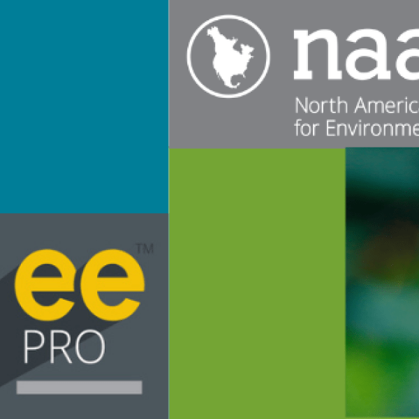 grid image of green, blue, yellow boxes, and eePRO and NAAEE logos, and image of a kingfisher and image of people sitting around a table with books
