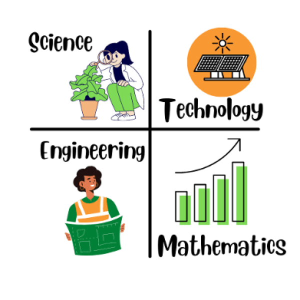 A four pane graphic showing science, technology engineering and mathematics 