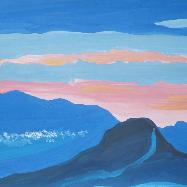 Illustration of a mountain range and a peak in blue colors