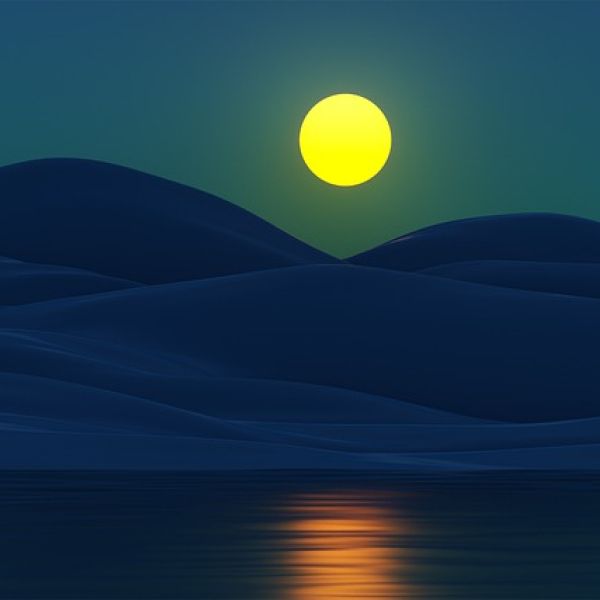 Illustration of hills near a body of water that's reflecting the moonlight