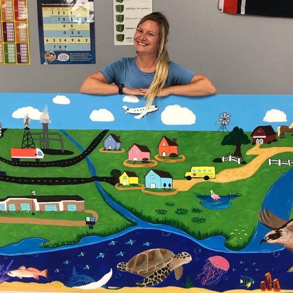 Colorful mural of a town and watershed.