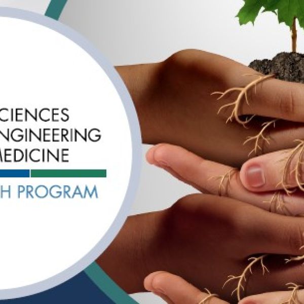 Two overlapping hands holding tree in dirt with roots sticking out. "The National Academies of Sciences Engineering Medicine, Gulf Research Program"
