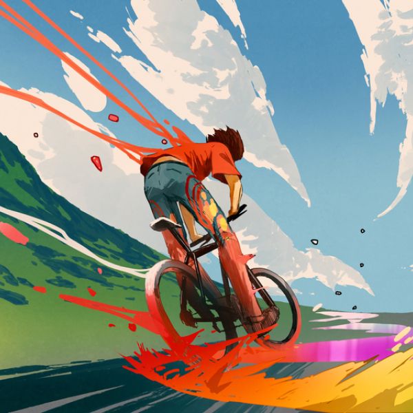 Illustration of young person on bicycle in a hilly landscape, paint splatters exploding from behind.