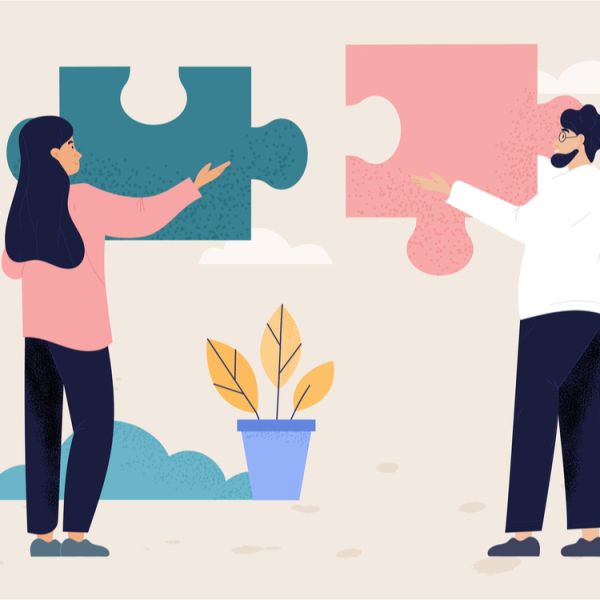 Illustration, four people holding puzzle pieces.