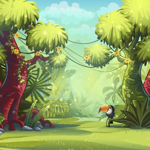 video game illustration of forest and toucan