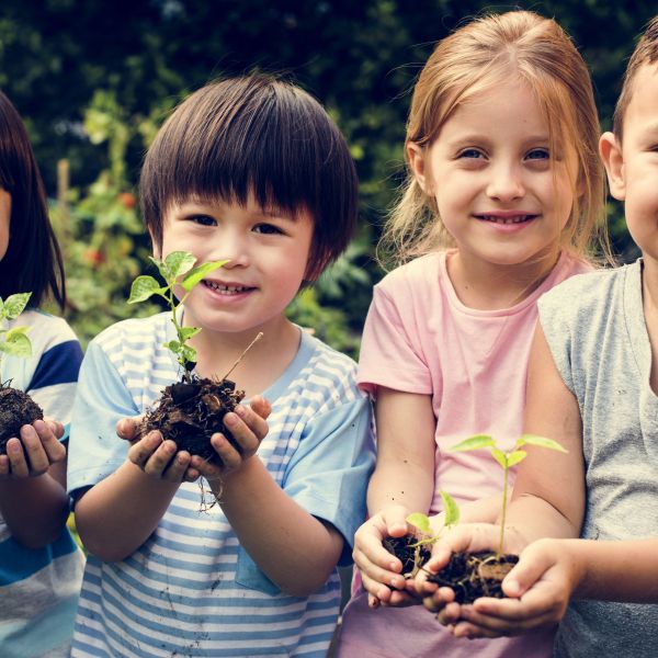 four students holding dirt with plants