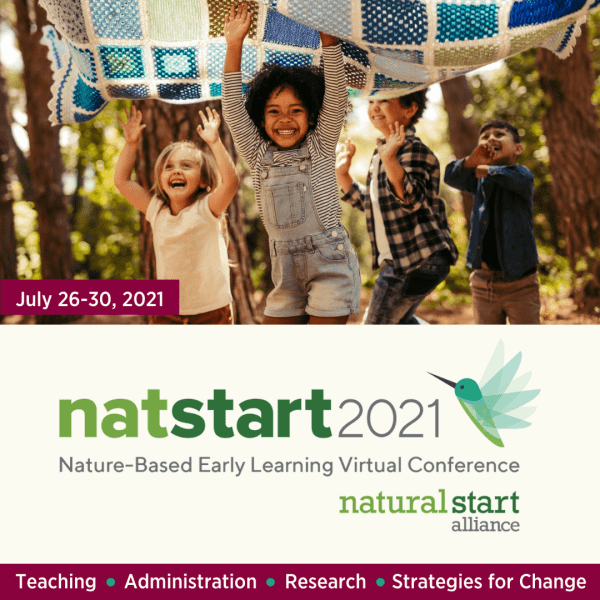 Graphic promoting the Nature-Based Early Learning Conference. Image depicts children laughing in the woods. 