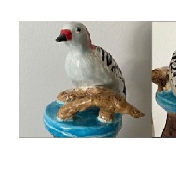 Three photos of a clay woodpecker sitting on a branch and blue surface