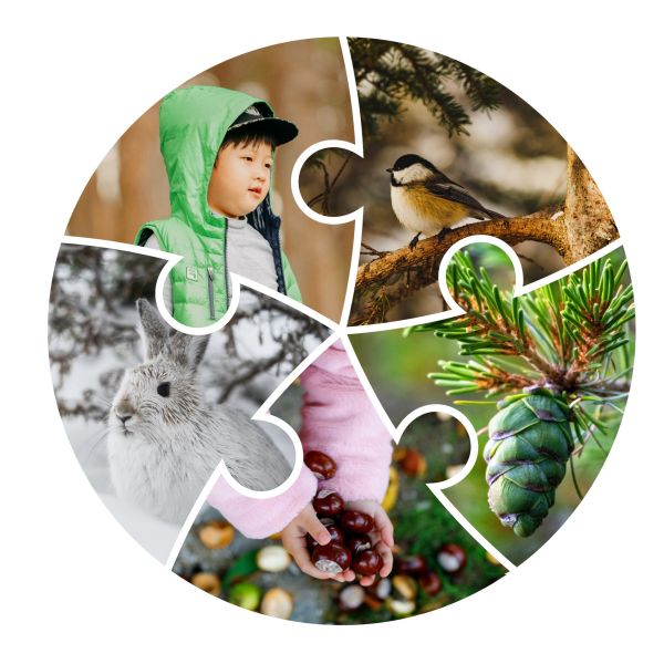 circle puzzle with images of young children in nature